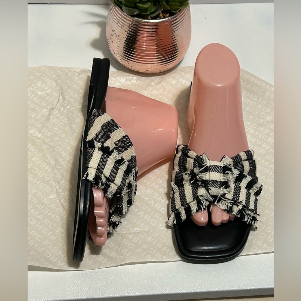 Marc Fisher Black and White Frayed Mules